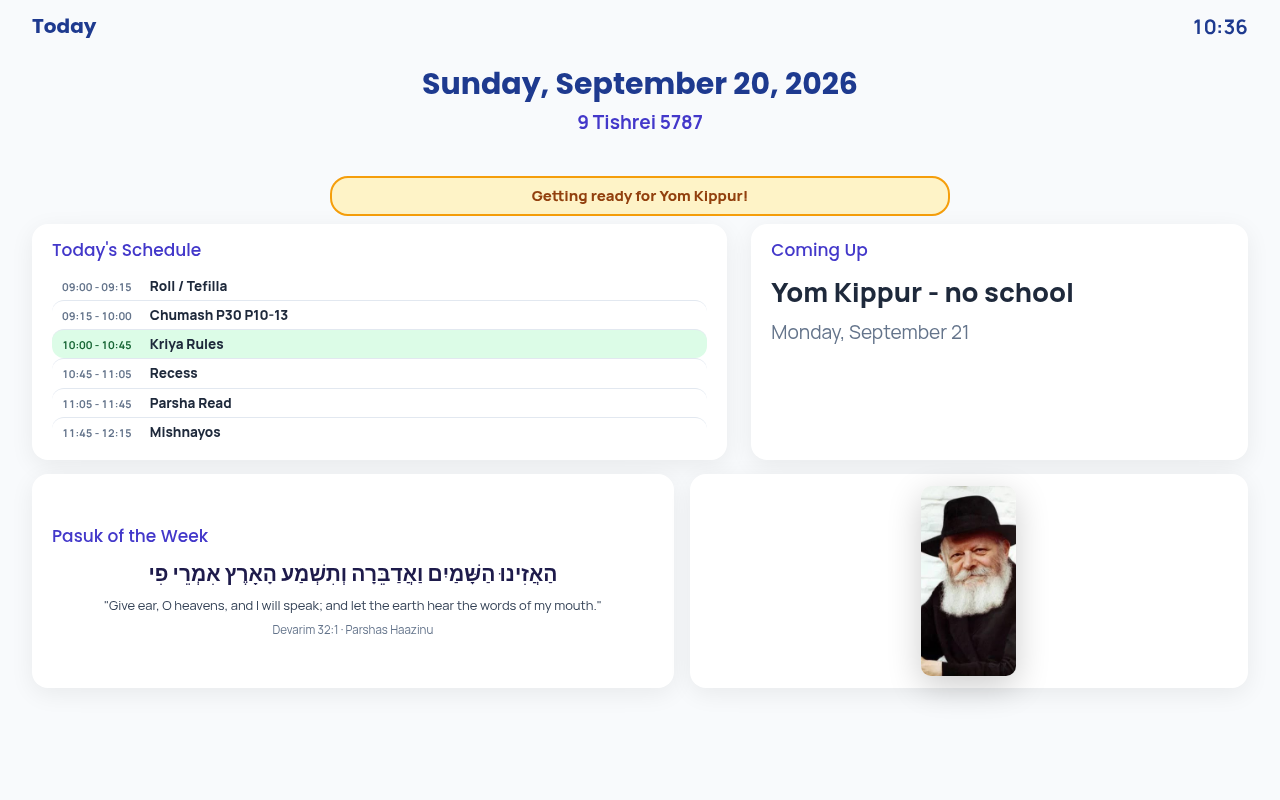 The Limudo Today screen - today's schedule with the current period highlighted, what's coming up, and the pasuk of the week